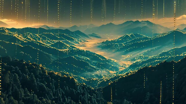 A fusion of nature and technology this design showcases a grainy mountain range made up of binary code and pixelated elements. The unexpected combination and crisp sharp lines make