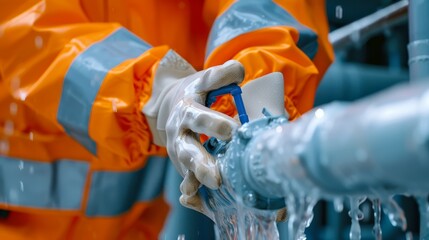 Emergency worker with toolkit turning off main water valve, intense situation, lifelike details