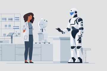 Scientist and robots working together in a high tech lab perfect for showcasing advanced technology and futuristic themes