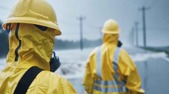 Emergency response team turning off power in flooded area, water and electricity safety protocols, focused workers in rain gear, realistic detail