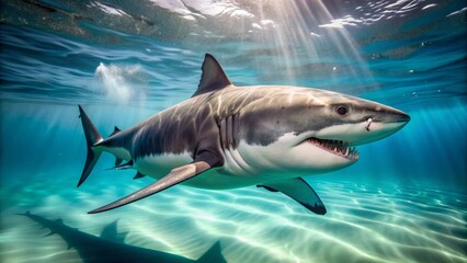 Fototapeta premium Fierce predator great white shark patrols shallow waters, its powerful fins slicing through turquoise waves, poised to strike unsuspecting prey.