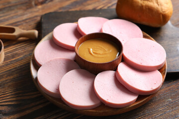 Plate with slices of tasty boiled sausage and mustard sauce on brown wooden background