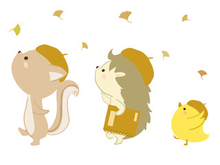 イチョウの中を歩く動物のイラスト