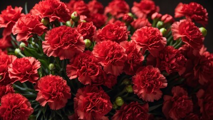 A lush bouquet of vibrant red carnations, fresh and blooming, featuring green stems and buds, arranged closely together.