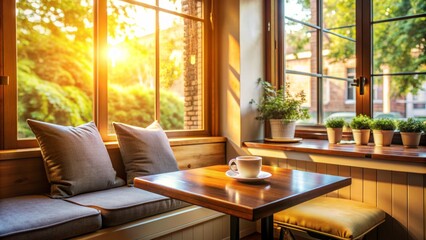 Obraz premium Cozy morning atmosphere in a cafe, warm sunlight illuminates a vacant window seat with a serene, peaceful ambiance.
