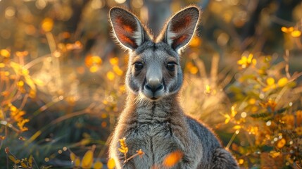 Fototapeta premium Wild kangaroo is standing in a field of yellow flowers with the setting sun creating a warm glow