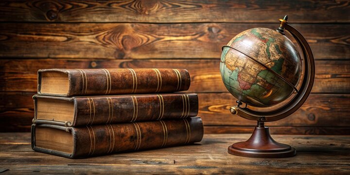 Vintage leather-bound books and a globe placed on an open book on a wooden table , vintage, leather-bound, books