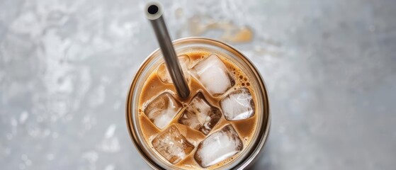Fototapeta premium Top view of iced coffee with a metal straw.