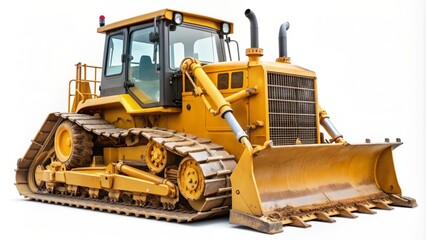 Rugged compact bulldozer with tree pusher attachment, isolated on a white background, awaiting land clearing and excavation tasks.