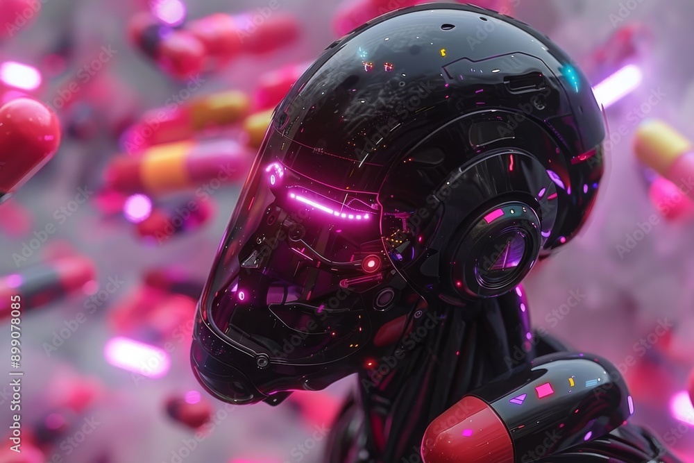 Poster digital robot head with neon lights perfect for advanced technology and sci fi themes showcasing mod