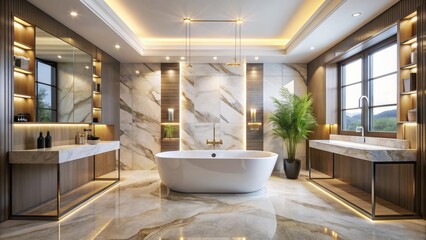Elegant modern bathroom features sleek freestanding tub, marble flooring, and walls adorned with luxurious LED lighting fixtures.