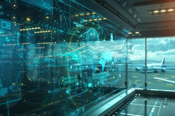  Futuristic Airport Terminal Control Panel with Airplane View