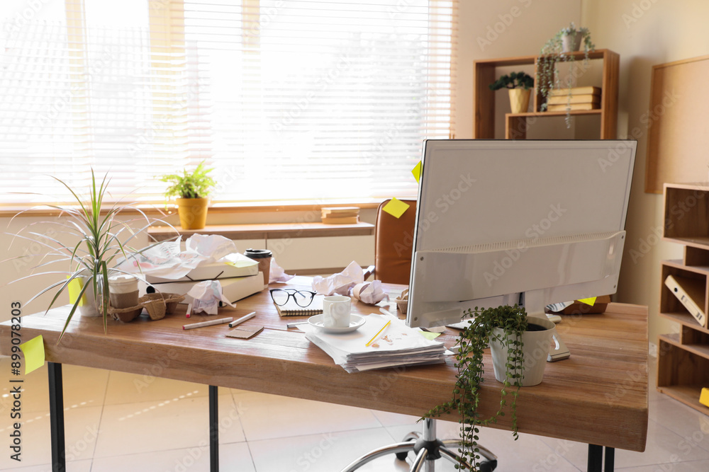 Sticker messy workplace with computer and garbage in office