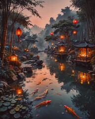 Obraz premium A serene Asian style illustration with foggy mountains and trees.