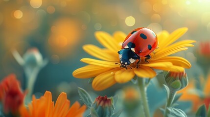 Ladybug is standing on a bright yellow flower in a garden, enjoying the warm sunshine and vibrant colors of nature