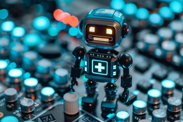 Small medical robot with neon lights perfect for advanced healthcare and futuristic themes showcasing modern technology and innovative design