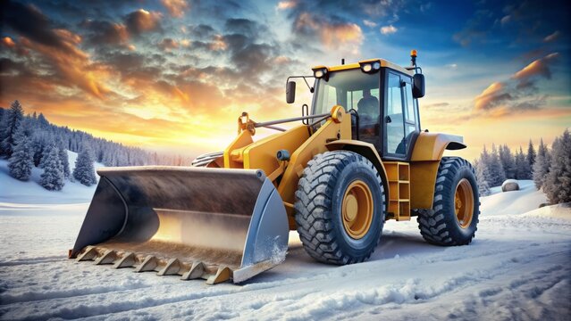 Heavy wheel loader with attached snowplow blade, gleaming steel body, and rugged tires, poised against a pure white winter backdrop.