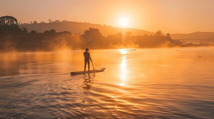 SUP Board on River at Sunrise