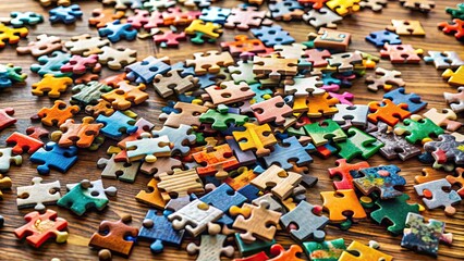 Assorted jigsaw puzzle pieces scattered on table, jigsaw, puzzle, pieces, scattered, table, challenge, game