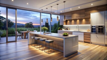 Modern Scandinavian kitchen at twilight features sleek appliances, central island with cascading countertop, and sliding glass doors to outdoor area.