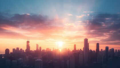 Vibrant sunrise over a city skyline.