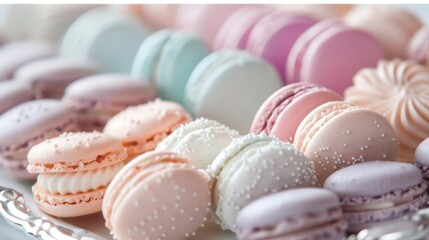 Obraz premium Assortment of colorful macarons on a silver platter.