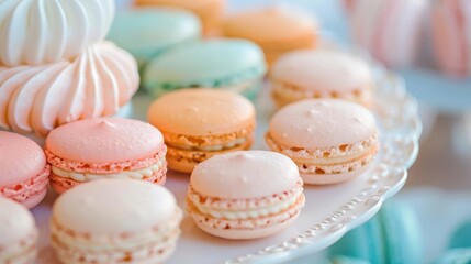 Obraz premium Colorful macarons and meringues on a white plate.