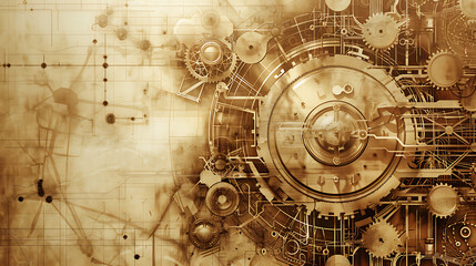 Fototapeta premium Intricate steampunk design featuring mechanical gears and circuitry in a sepia tone, creating a vintage and industrial aesthetic.