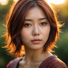 Fototapeta premium Portrait of a Young Woman with Short Hair, Golden Hour.