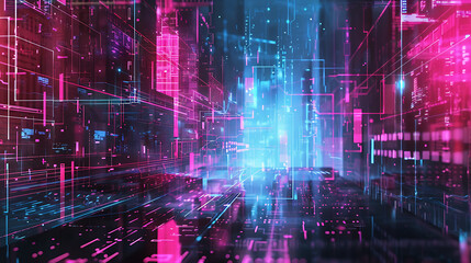 Fototapeta premium Abstract illustration of a futuristic digital grid with vibrant neon pink and blue lights, representing advanced technology and data flow.