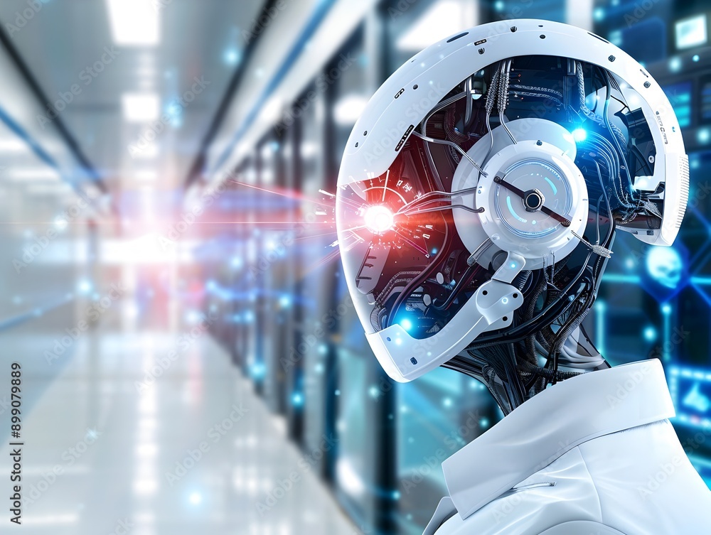 Poster futuristic cyborg head with glowing eyes and circuit board patterns representing advanced intelligen