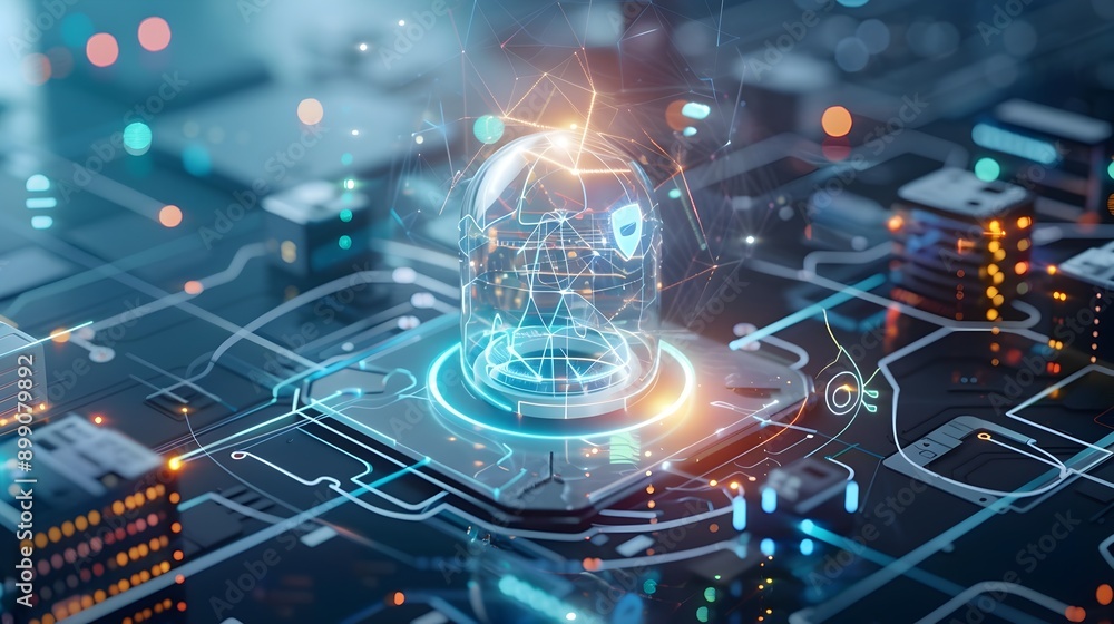 Poster futuristic cybersecurity technology with digital hologram shield protecting data network