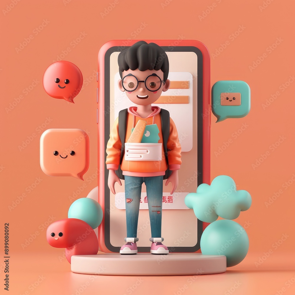 Poster 3d render of a student using a language learning app, educational aid, modern language education too