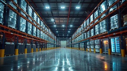 Fototapeta premium Modern retail warehouse is loaded with cardboard boxes on shelves and ready for shipment to customers