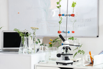Microscope and test tubes with plants on shelf in Biology classroom