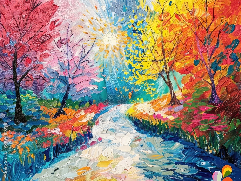 Poster energetic spring scene with intense colors and lively textures, depicting the vibrancy and dynamic e