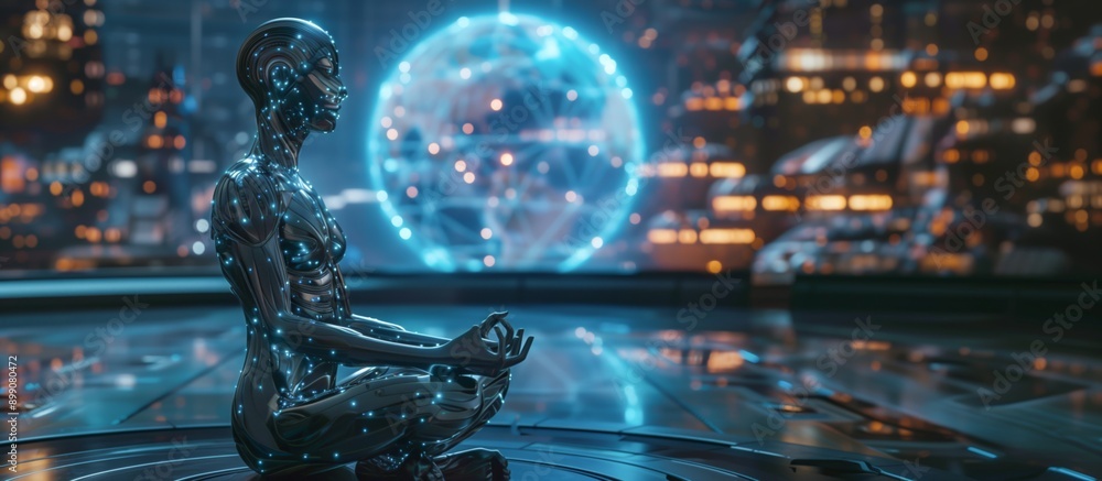 Poster exploring the concept of harmony between technology and meditation in the form of meditative ai