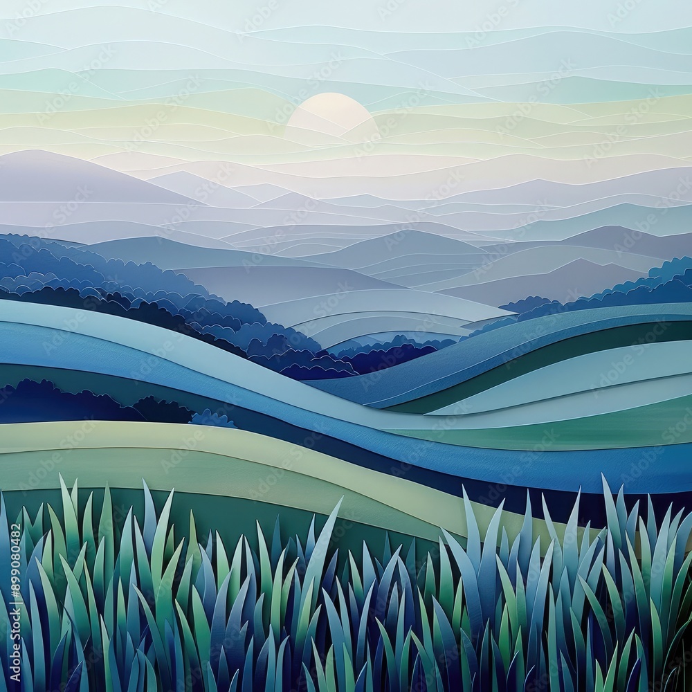 Poster paper cut art of sugarcane fields at dawn, misty layers and subtle colors creating a mystical scene