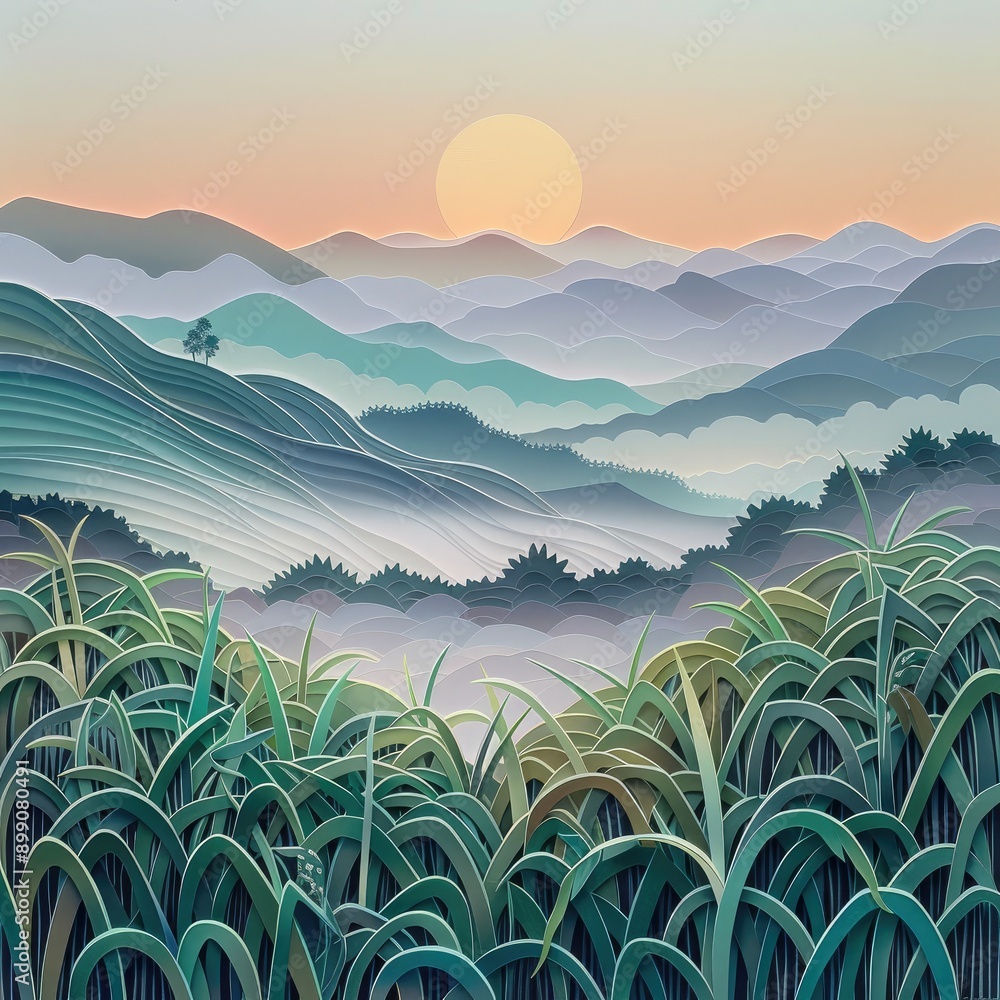 Poster paper cut art of sugarcane fields at dawn, misty layers and subtle colors creating a mystical scene