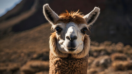 Obraz premium Retrato de un Llama y de fondo un paisaje natural montañoso. Generado con IA.