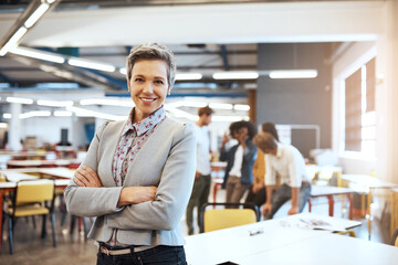 Office, confidence and portrait of woman at creative agency for business, growth and management. Design, professional and mature businesswoman with pride, smile and arms crossed in coworking space