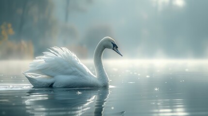 Fototapeta premium Graceful white swan peacefully swimming on a serene lake in the misty morning sunlight, creating a beautiful reflection in the calm water