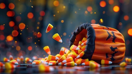 Halloween candy corn spilling out of a trick-or-treat bag, rendered in high-detail 3D with spooky background elements