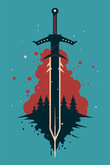 Obraz premium Sword with splatted ink background with vintage effect for your design, cover book design, child book design