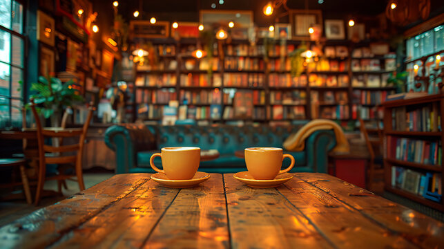 Two yellow cups of coffee or tea on table in a bookshop in vintage style. 
