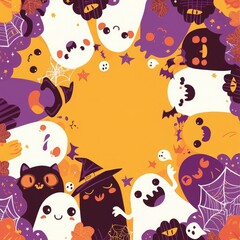 Fototapeta premium Halloween background, cartoon style, blank space, cute and colorful monsters, friendly ghosts, orange and purple palette, playful and cheerful