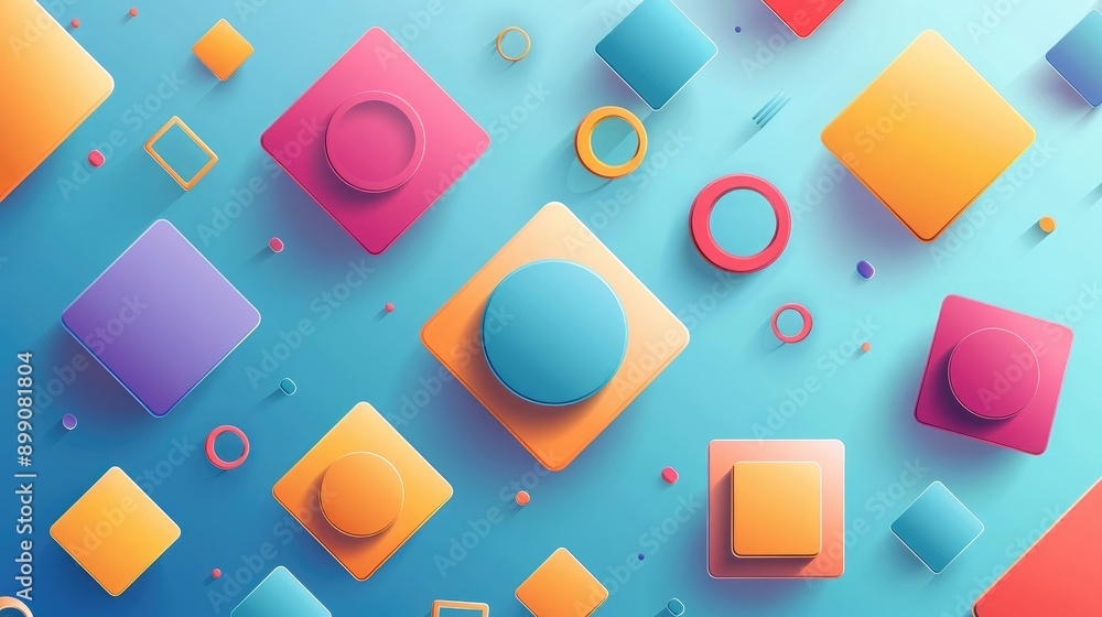 Poster bright colorful squares with round elements on a minimal geometric background, perfect for landing p