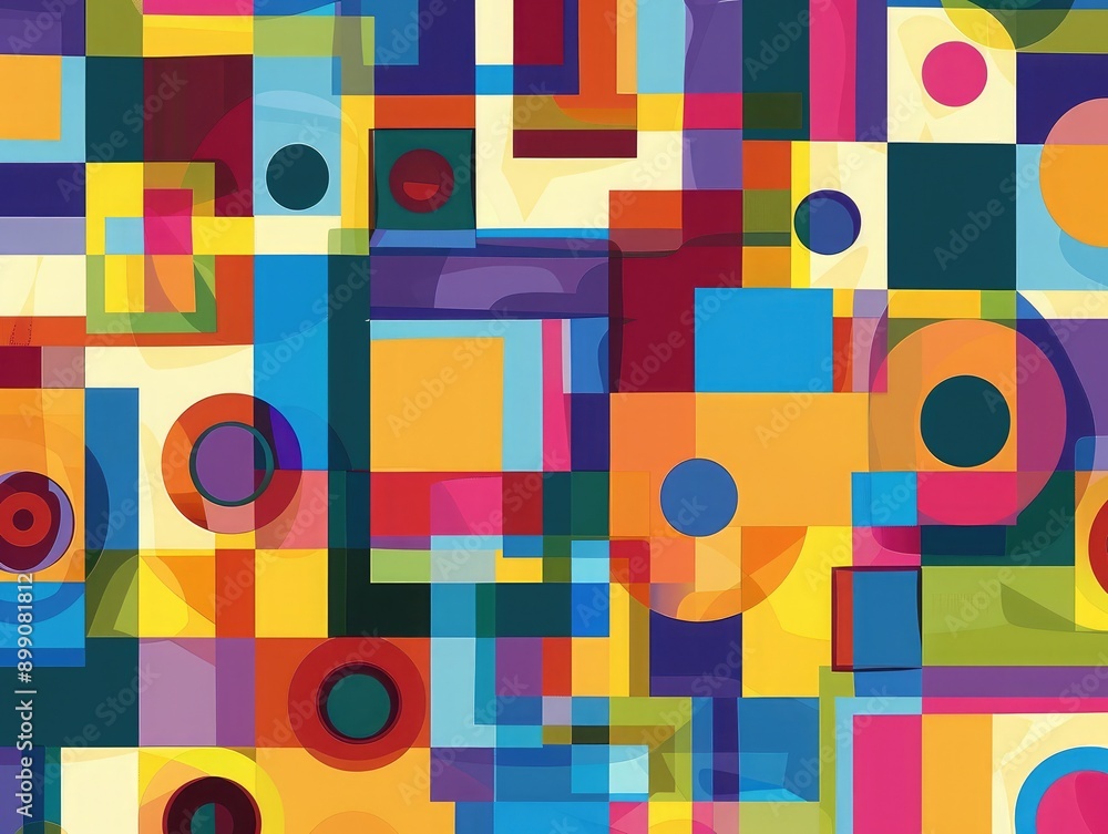 Aufkleber vector illustration with a minimal geometric background of bright colorful squares and round element