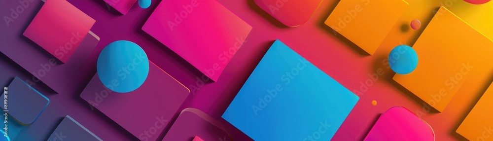 Poster bright colorful squares and round elements creating a minimal geometric background, suitable for ban