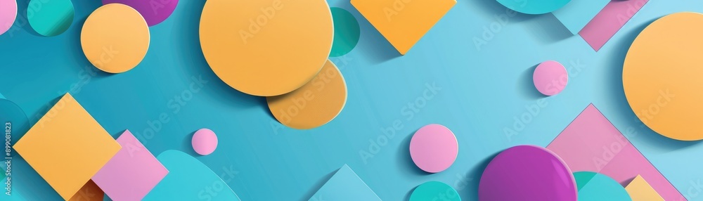 Poster bright colorful squares and round elements creating a minimal geometric background, suitable for ban